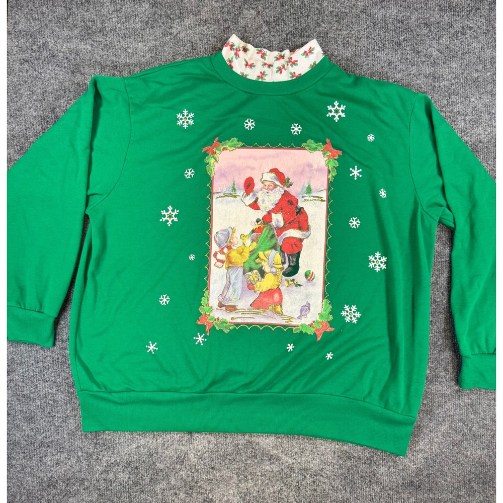 Vintage Nutcracker Christmas Sweatshirt Green Santa Snowflake Mock Neck 2X USA
